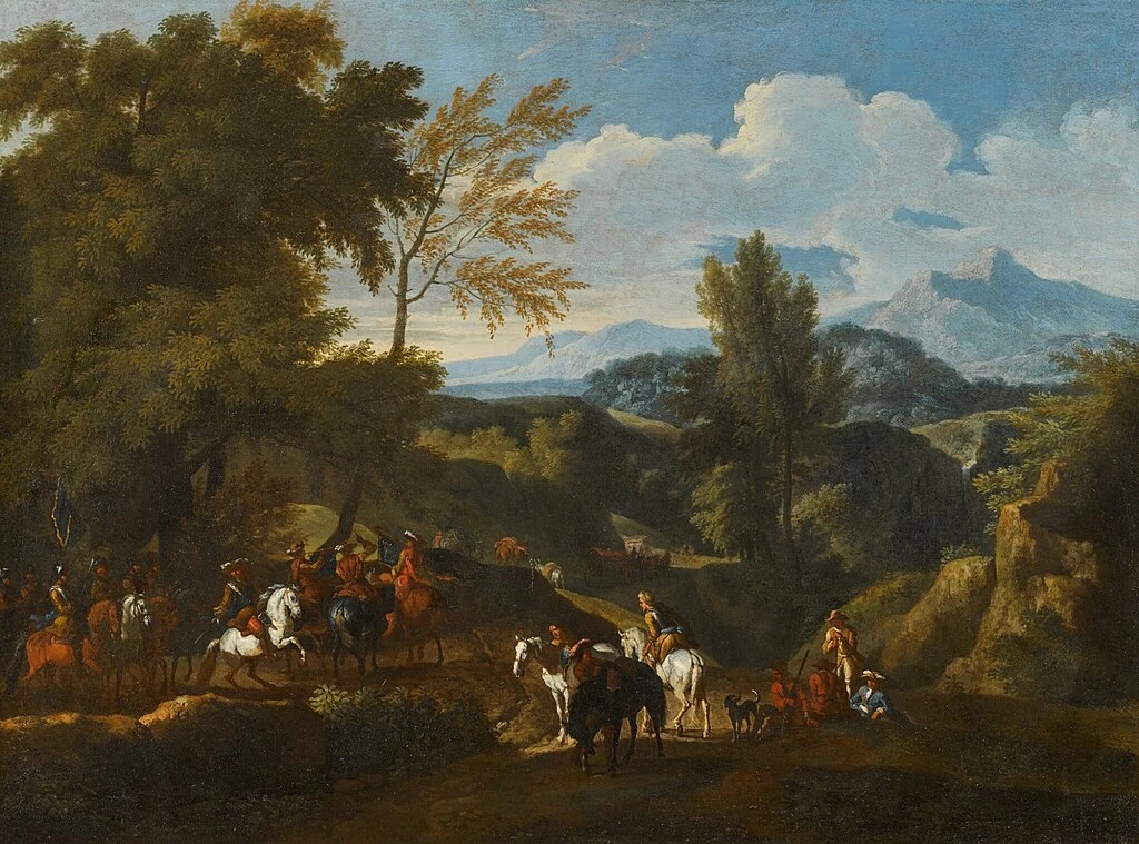 Un ampio paesaggio italiano con soldati a cavallo